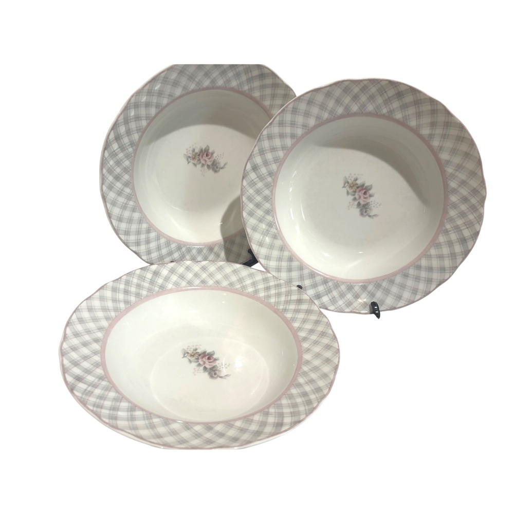 Jessica McClintock Westbury Court Clarise Soup Bowls Floral Pink Plaid Set of 3